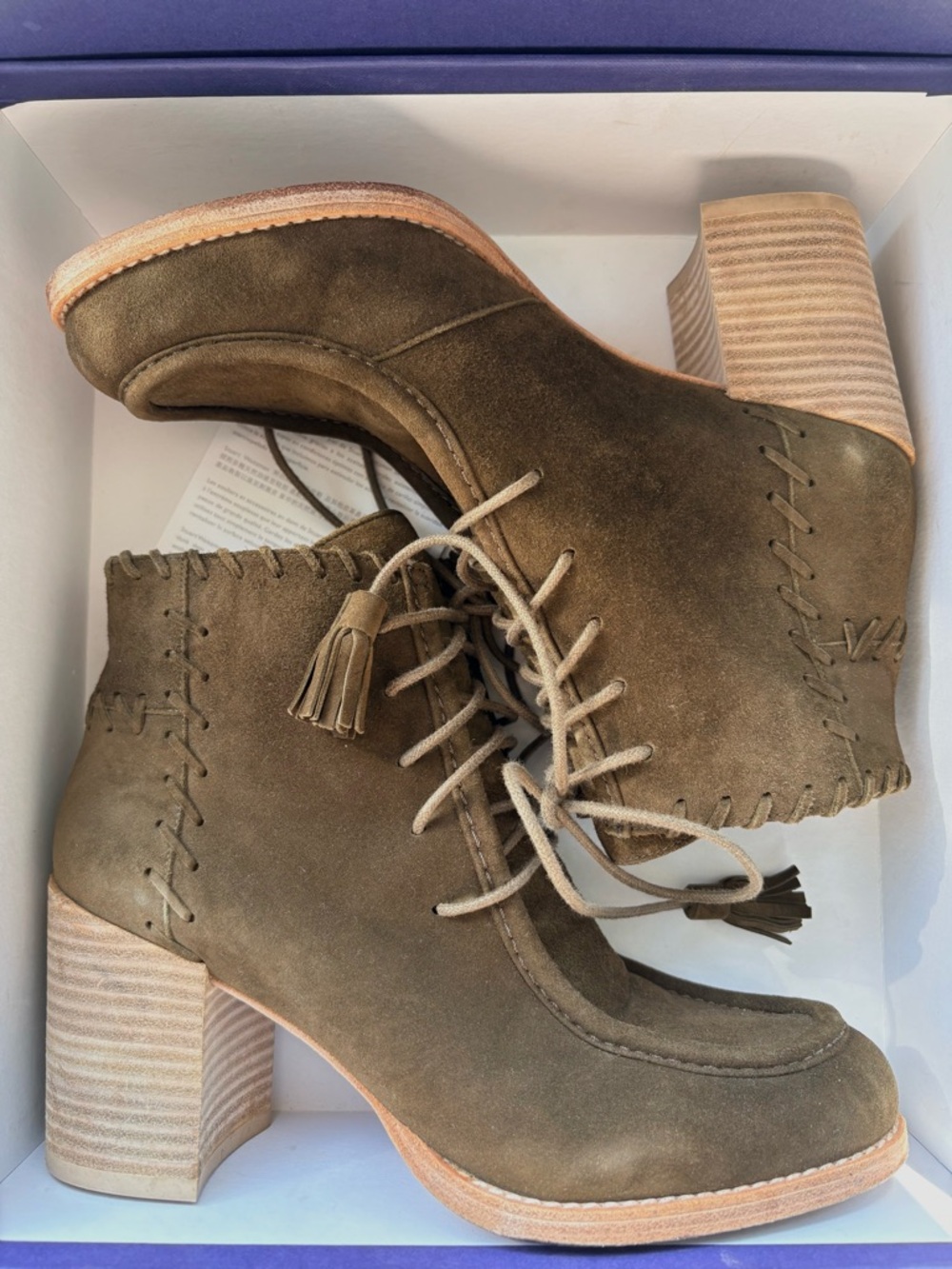 Stuart Weitzman Olive Suede Tassel Lace-Up Block Heel Ankle Boots, size 8M - Picture 2 of 15